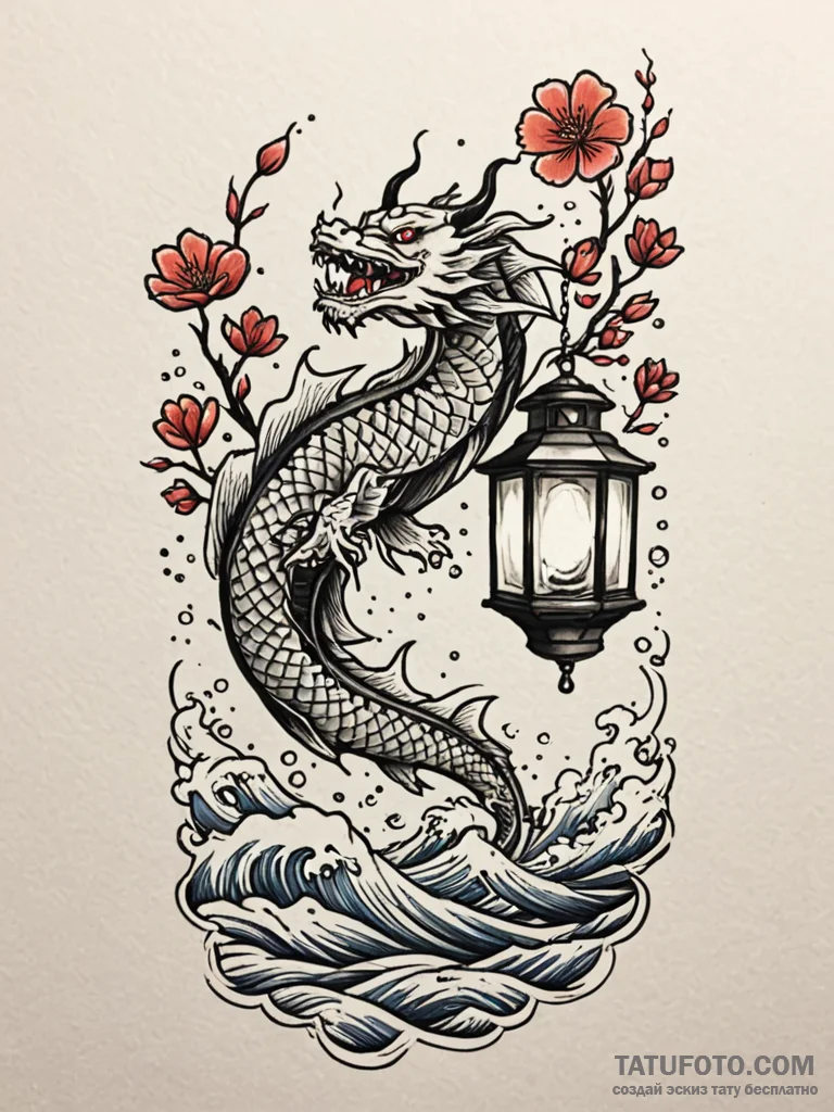 Lantern floating beneath crimson sky, artisti... - эскиз тату (№1751825419_0, 06.07.2025 18:10) — Tatufoto.com