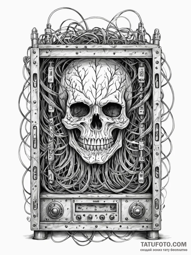 Network server rack, with a ghostly face visi… — эскиз тату (№1751825672_0, 06.07.2025 18:14) — Tatufoto.com