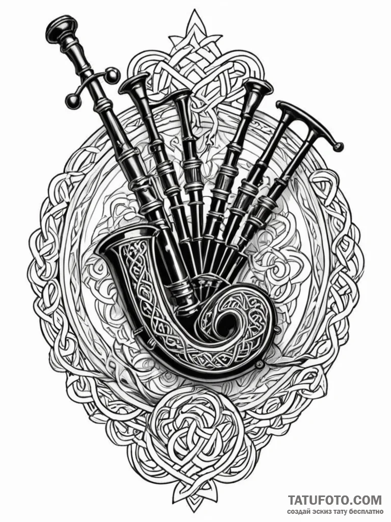 A detailed bagpipe instrument, celtic culture... - эскиз тату (№1751825840_0, 06.07.2025 18:17) — Tatufoto.com