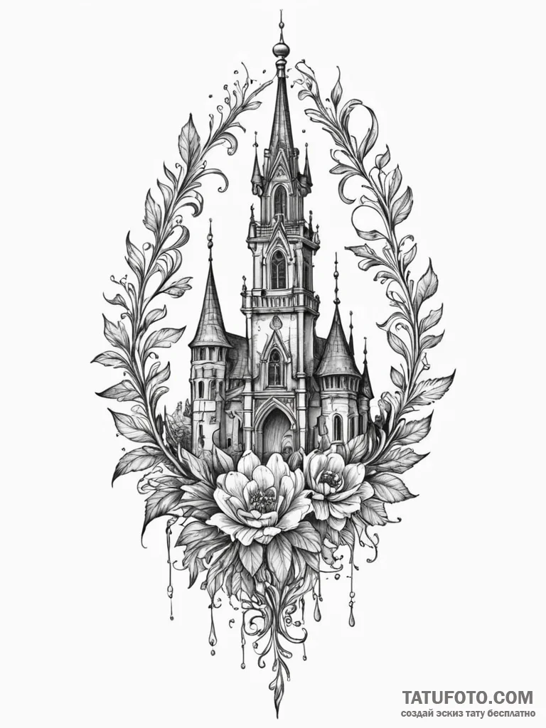 Haunted bloom beneath bone spire, tattoo draw... - эскиз тату (№1751826261_0, 06.07.2025 18:24) — Tatufoto.com