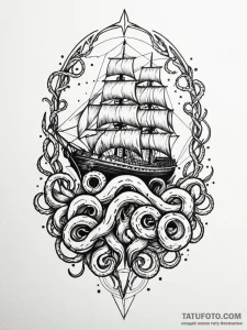 Kraken shadow rising beneath ship, tattoo fla... - эскиз тату (№1751827435_0, 06.07.2025 18:43) — Tatufoto.com