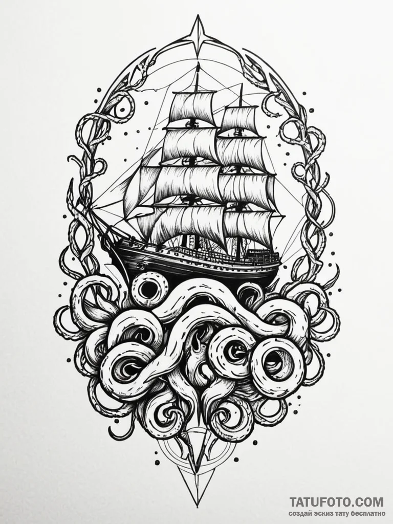 Kraken shadow rising beneath ship, tattoo fla… — эскиз тату (№1751827435_0, 06.07.2025 18:43) — Tatufoto.com