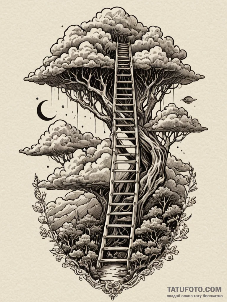 Bone ladder ascending into dark clouds, conce... - эскиз тату (№1751828784_0, 06.07.2025 19:06) — Tatufoto.com