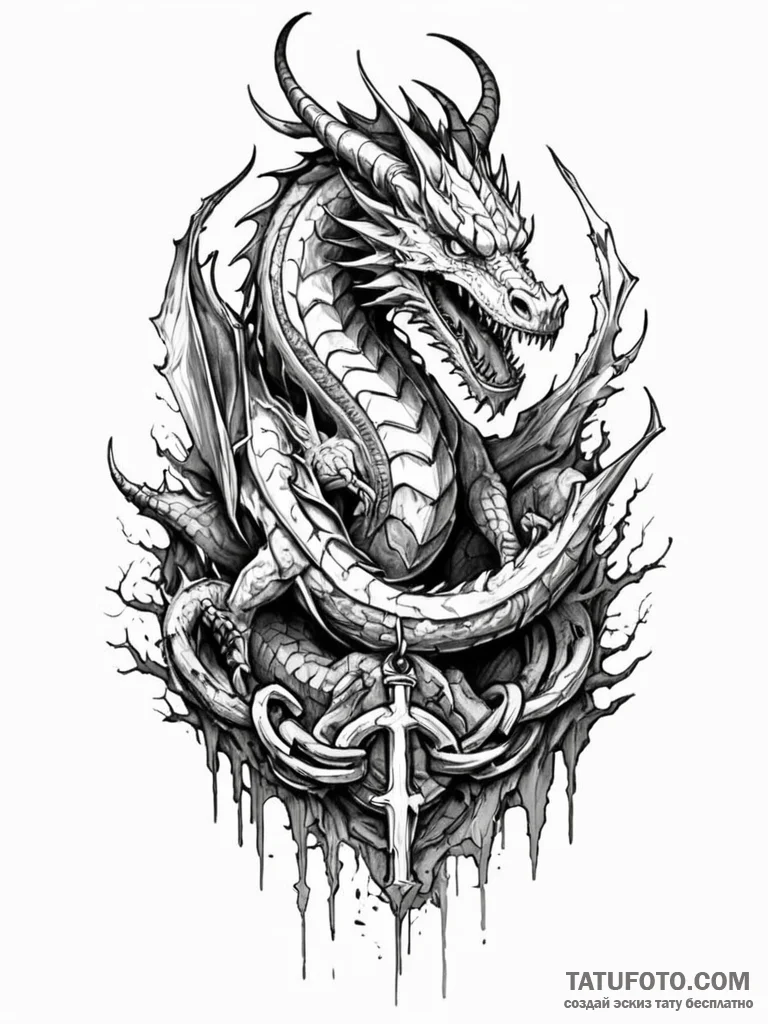Abyssal dragon chained to ruins, artistic tat... - эскиз тату (№1751829461_0, 06.07.2025 19:17) — Tatufoto.com