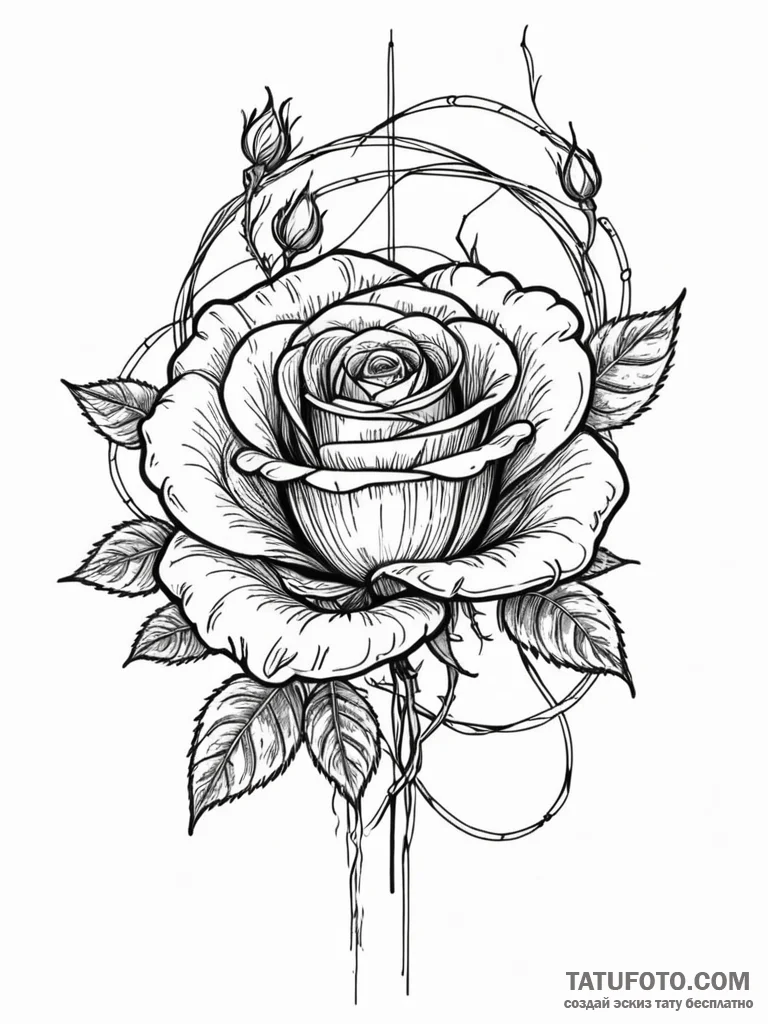 Apocalyptic rose entwined with wires, ink ill... - эскиз тату (№1751829964_0, 06.07.2025 19:26) — Tatufoto.com