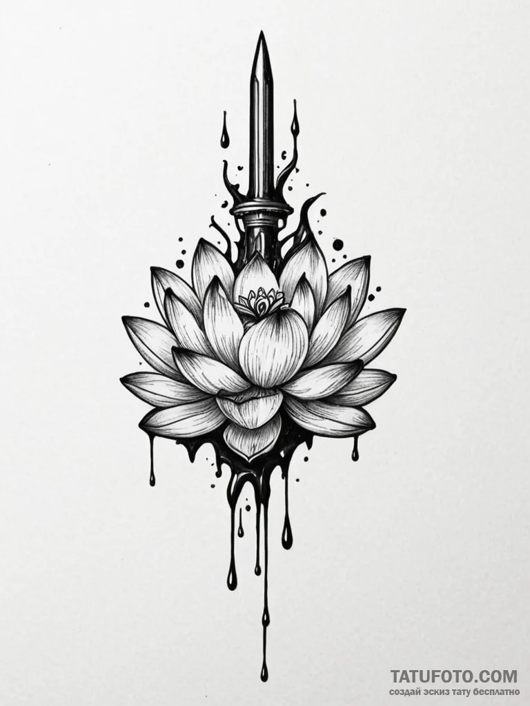 Lotus dagger dripping ink, tattoo flash sheet... - эскиз тату (№1751830473_0, 06.07.2025 19:34) — Tatufoto.com