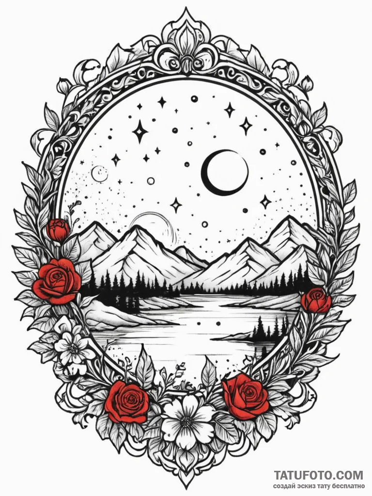 Mirror circle beneath spectral sky, tattoo fl… — эскиз тату (№1751831145_0, 06.07.2025 19:45) — Tatufoto.com