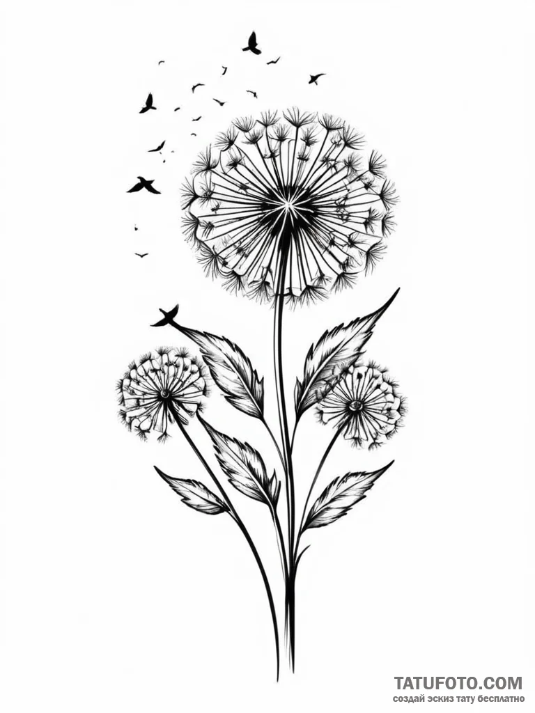 Dandelion with birds - эскиз тату (№1751831312_0, 06.07.2025 19:48) — Tatufoto.com
