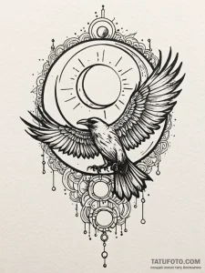 Storm raven beneath eclipsed sun, tattoo flas... - эскиз тату (№1751831734_0, 06.07.2025 19:55) — Tatufoto.com