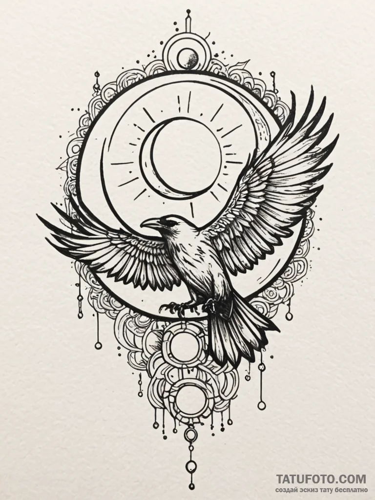 Storm raven beneath eclipsed sun, tattoo flas... - эскиз тату (№1751831734_0, 06.07.2025 19:55) — Tatufoto.com