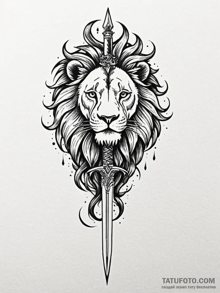 Lion tail coiled around dagger, tattoo flash... - эскиз тату (№1751831819_0, 06.07.2025 19:56) — Tatufoto.com