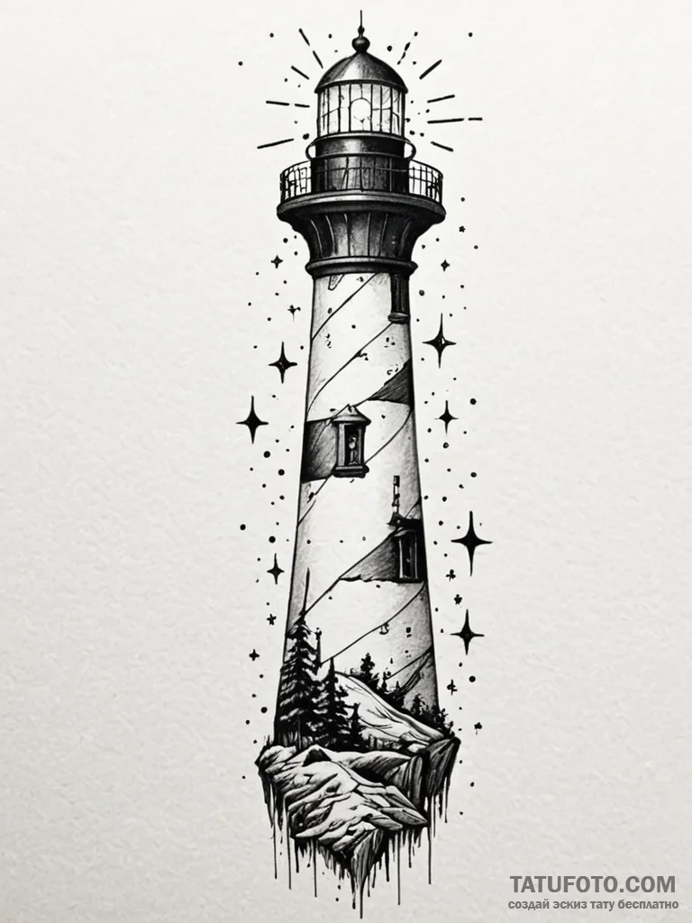 Lighthouse beam revealing constellations, tat… — эскиз тату (№1751831990_0, 06.07.2025 19:59) — Tatufoto.com