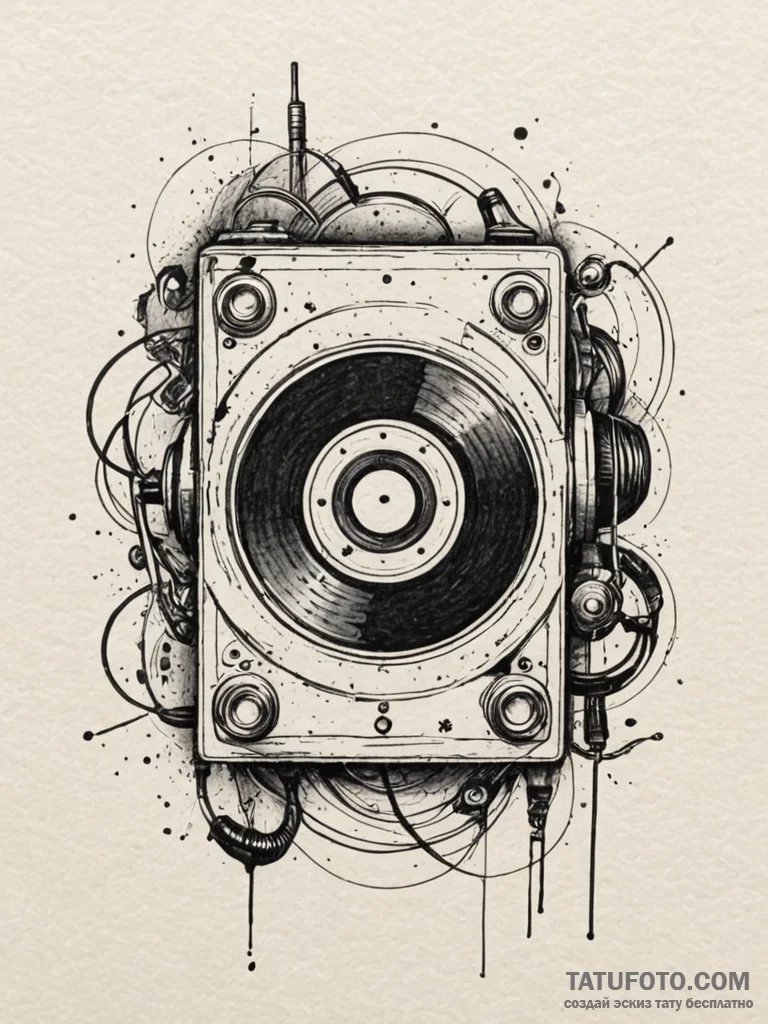 Music player, artistic tattoo sketch, on a cl... - эскиз тату (№1751832498_0, 06.07.2025 20:08) — Tatufoto.com