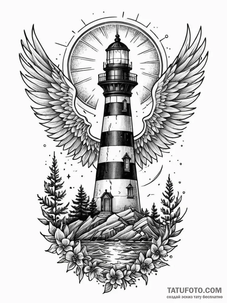 Lighthouse beacon eclipsed by wings, ink illu... - эскиз тату (№1751832583_0, 06.07.2025 20:09) — Tatufoto.com