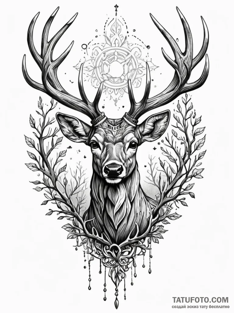 Deer with antlers like gnarled, dead branches… — эскиз тату (№1751833851_0, 06.07.2025 20:30) — Tatufoto.com