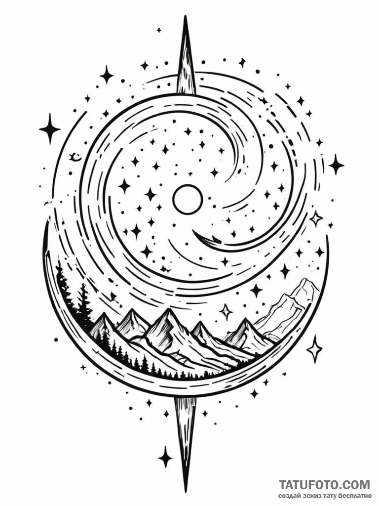 Meteor trail spiraling through stars, ink ill... - эскиз тату (№1751834190_0, 06.07.2025 20:36) — Tatufoto.com