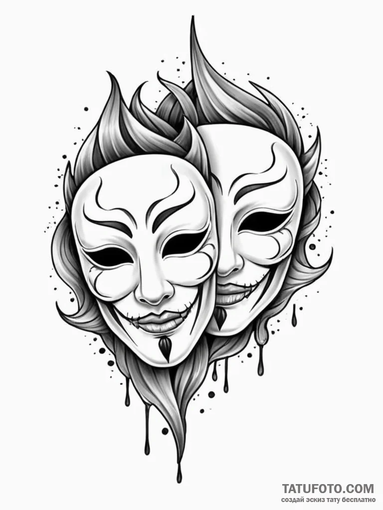 Animated mask split in two, artistic tattoo s... - эскиз тату (№1751834781_0, 06.07.2025 20:46) — Tatufoto.com