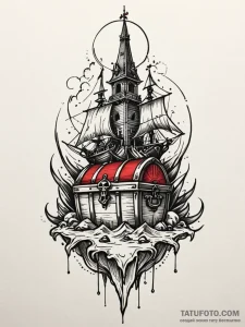 Pirate chest beneath spectral spire, tattoo l... - эскиз тату (№1751834865_0, 06.07.2025 20:47) — Tatufoto.com