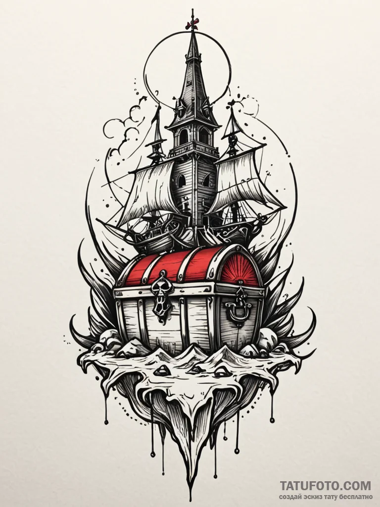 Pirate chest beneath spectral spire, tattoo l... - эскиз тату (№1751834865_0, 06.07.2025 20:47) — Tatufoto.com