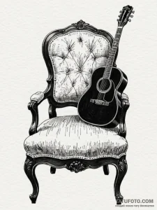 An acoustic guitar resting on a velvet chair... - эскиз тату (№1751835578_0, 06.07.2025 20:59) — Tatufoto.com