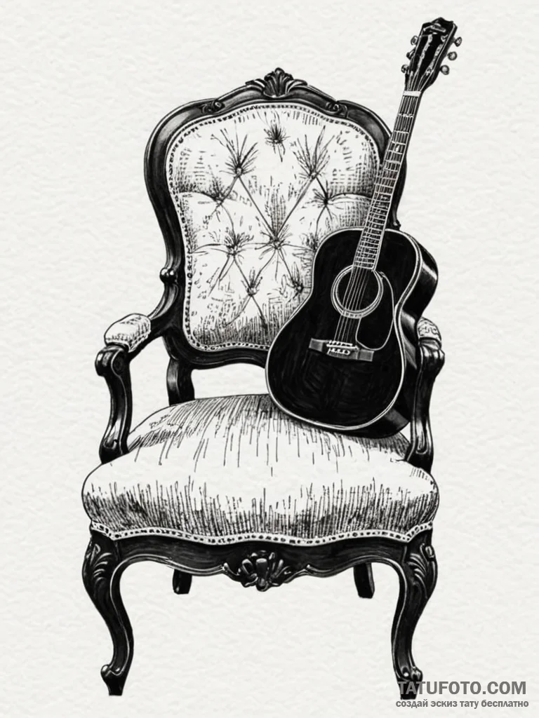 An acoustic guitar resting on a velvet chair… — эскиз тату (№1751835578_0, 06.07.2025 20:59) — Tatufoto.com