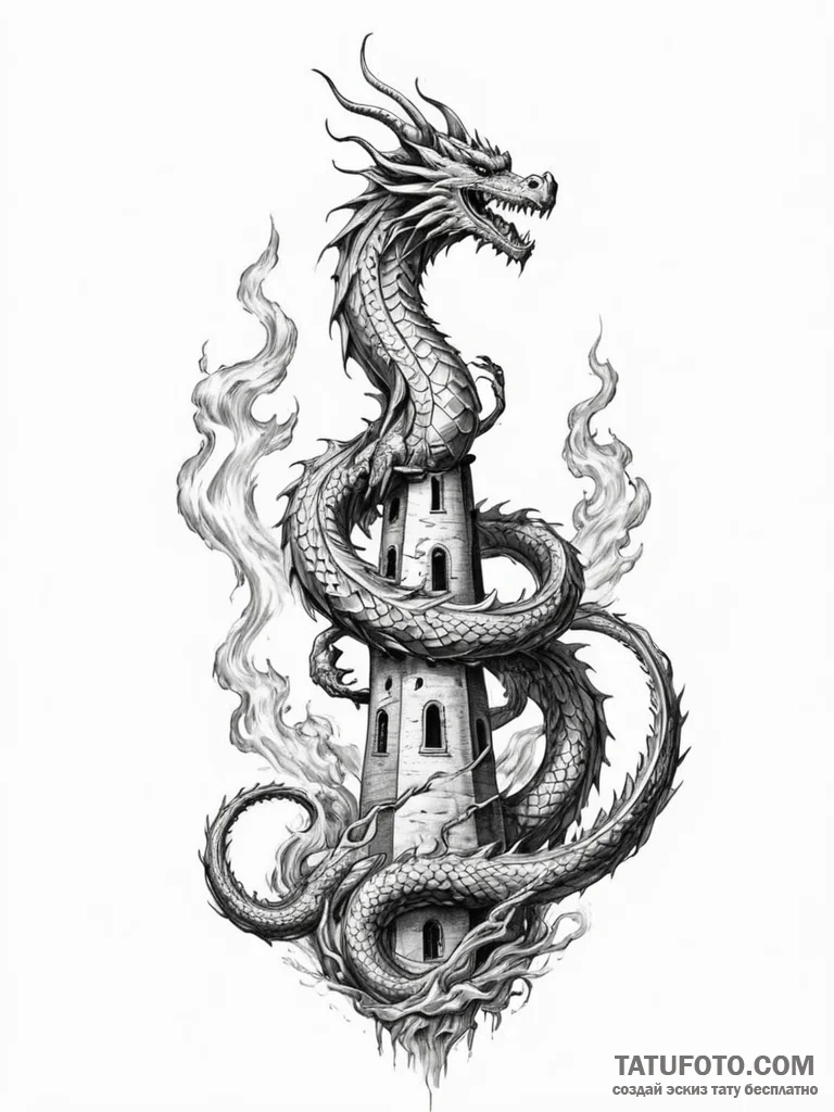 Dragon flame circling tower, artistic tattoo… — эскиз тату (№1751835663_0, 06.07.2025 21:01) — Tatufoto.com