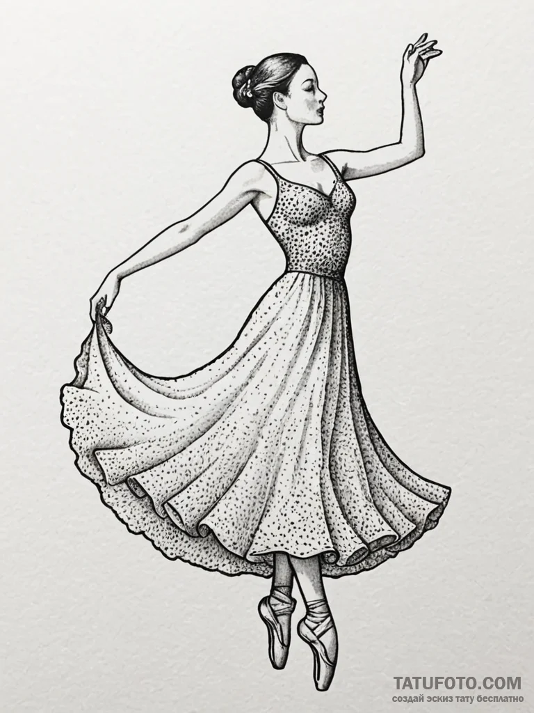 A graceful ballet dancer in a flowing dress,... - эскиз тату (№1751835998_0, 06.07.2025 21:06) — Tatufoto.com