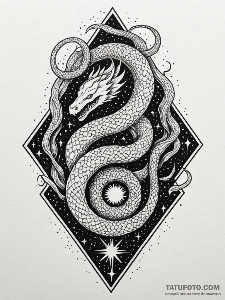 Arcane serpent devouring stars, ink illustrat... - эскиз тату (№1751836082_0, 06.07.2025 21:08) — Tatufoto.com