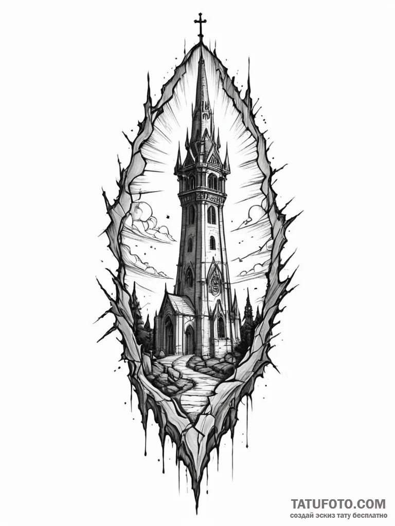 Ivory relic beneath shattered spire, tattoo s... - эскиз тату (№1751836250_0, 06.07.2025 21:10) — Tatufoto.com