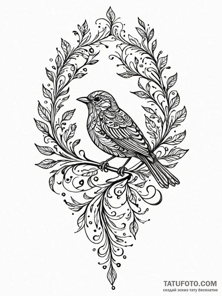 A whimsical bird singing on a branch, melodic... - эскиз тату (№1751837012_0, 06.07.2025 21:23) — Tatufoto.com