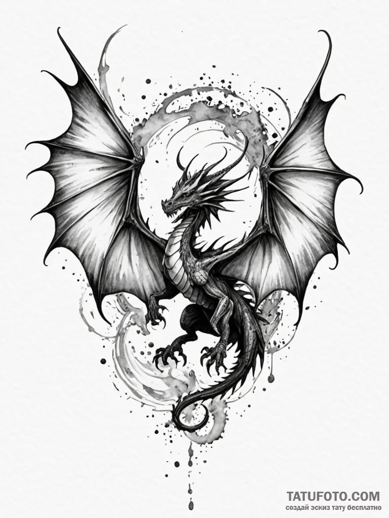 Dragon wings folding in eclipse, ink illustra… — эскиз тату (№1751837305_0, 06.07.2025 21:28) — Tatufoto.com