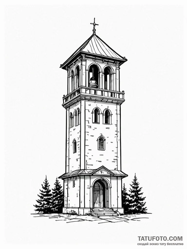 A classic bell tower, architectural,, ink ill… — эскиз тату (№1751838319_0, 06.07.2025 21:45) — Tatufoto.com