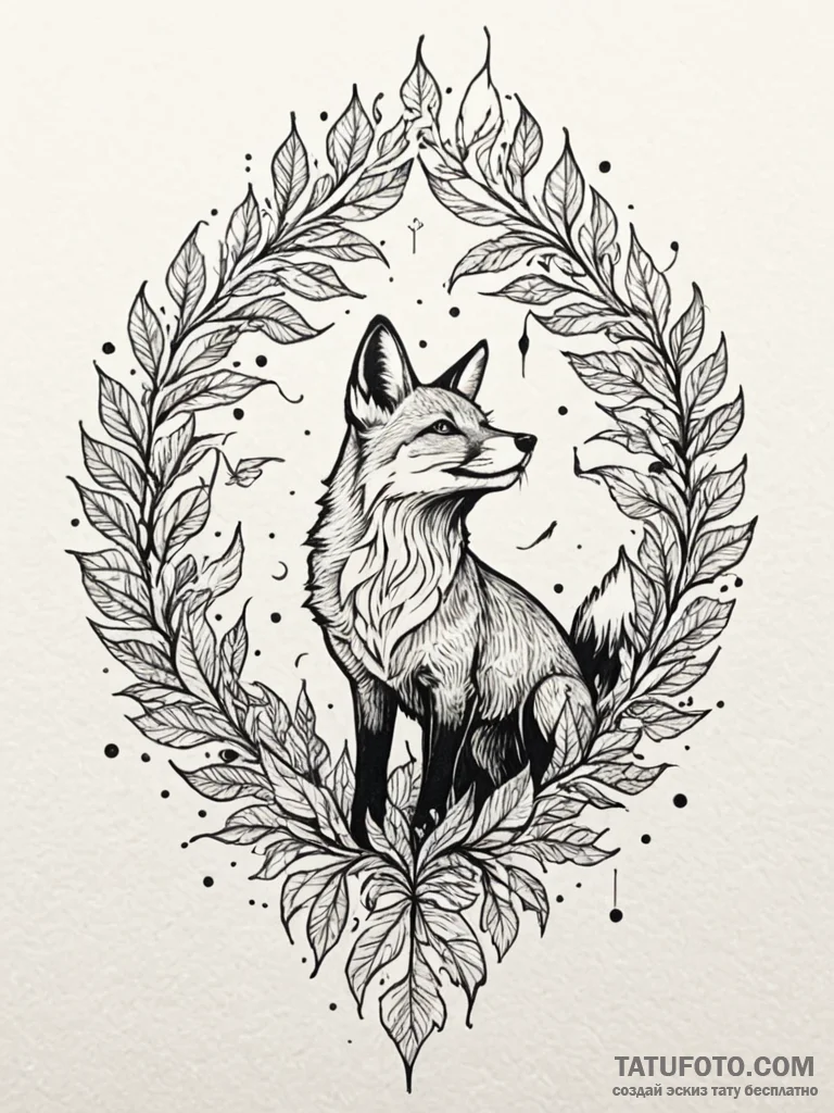 Fox looking up at a single, falling autumn le... - эскиз тату (№1751838740_0, 06.07.2025 21:52) — Tatufoto.com