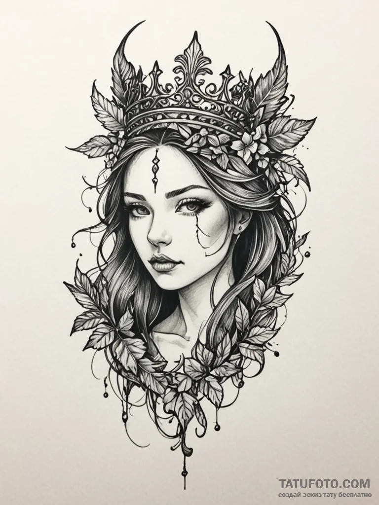 Feathered relic crowned with ivy, tattoo draw... - эскиз тату (№1751838910_0, 06.07.2025 21:55) — Tatufoto.com