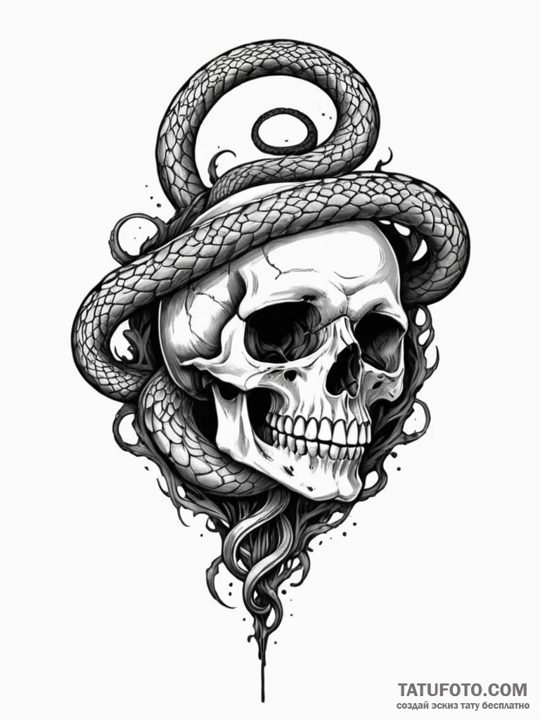 Ashen serpent slithering over skull, concept... - эскиз тату (№1751839329_0, 06.07.2025 22:02) — Tatufoto.com