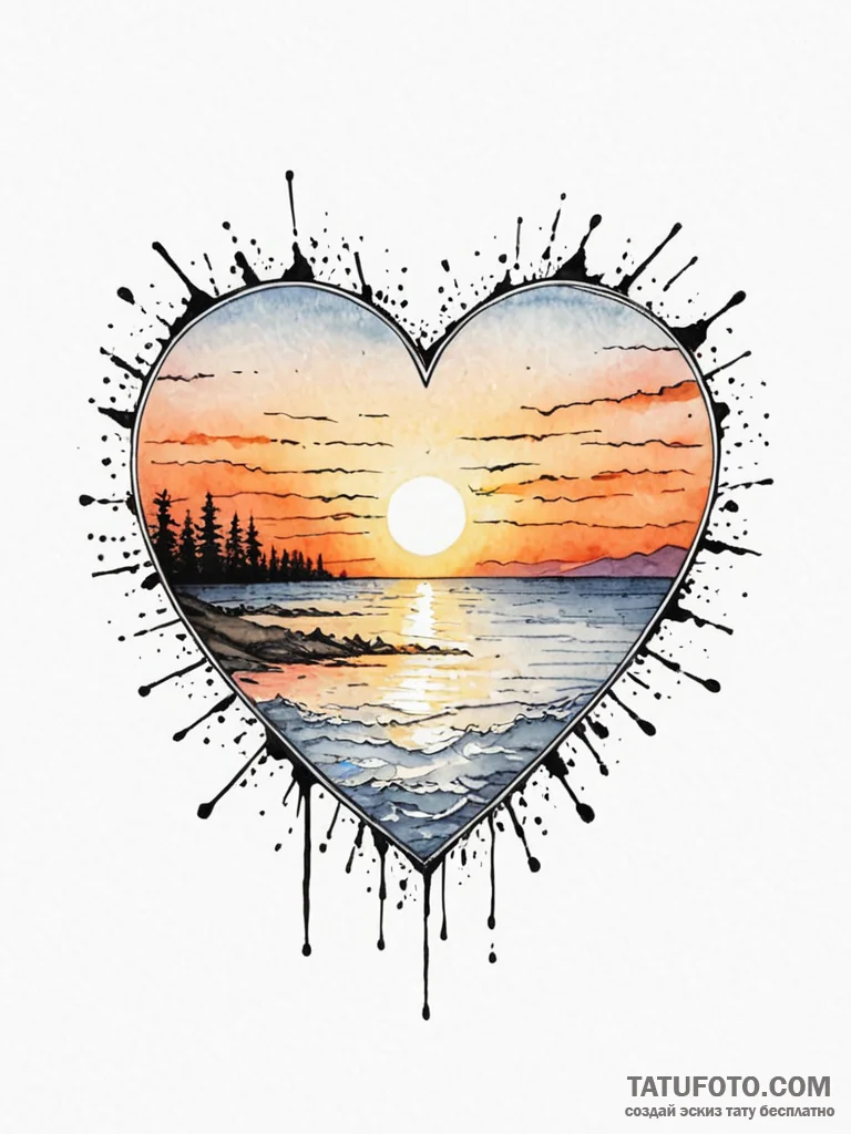 Heart-shaped glasses reflecting a sunset, con... - эскиз тату (№1751839581_0, 06.07.2025 22:06) — Tatufoto.com