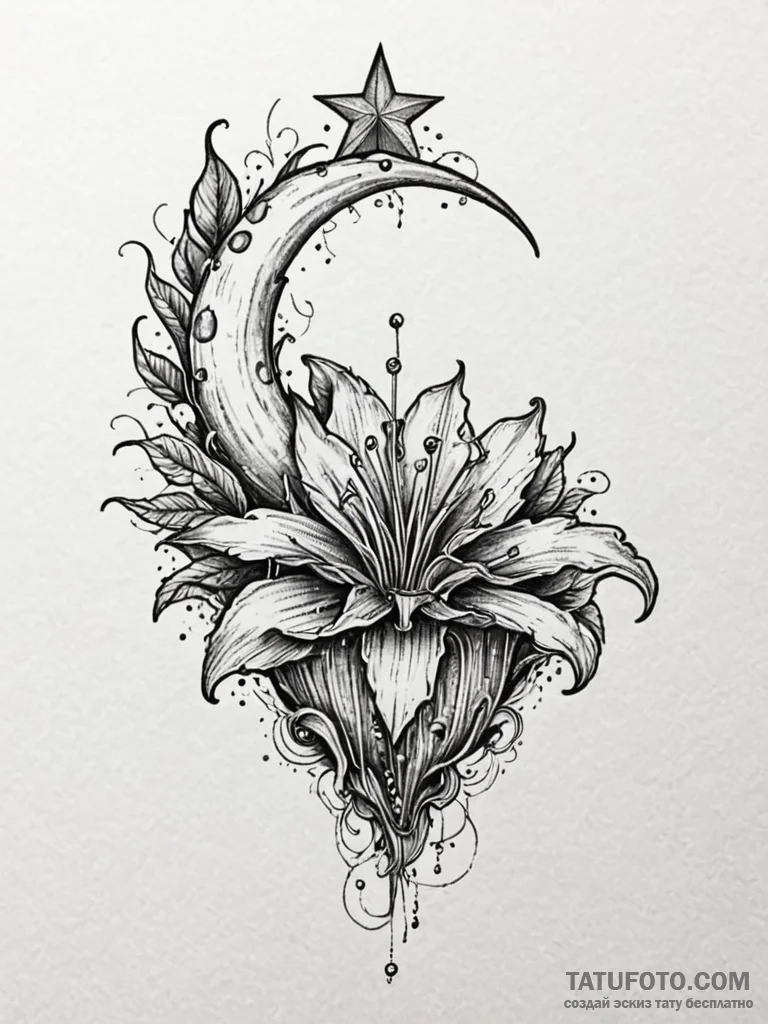 Venus flytrap closing on a falling star, tatt... - эскиз тату (№1751840631_0, 06.07.2025 22:23) — Tatufoto.com