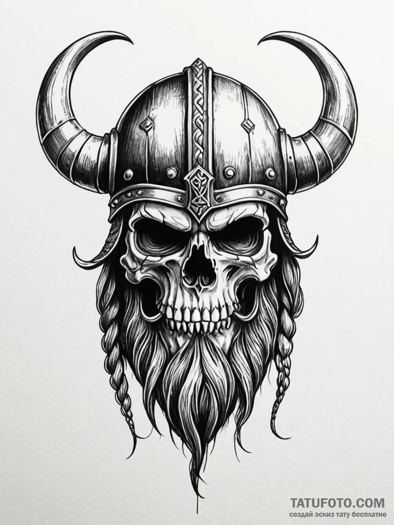 Viking skull with a braided beard and battle... - эскиз тату (№1751841475_0, 06.07.2025 22:37) — Tatufoto.com