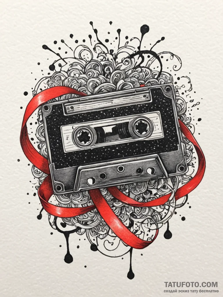 Cassette tape label ‘my mixtape’, unspooling… — эскиз тату (№1751841896_0, 06.07.2025 22:44) — Tatufoto.com