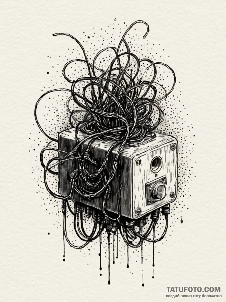 Junction box with sparking, frayed wires, ink... - эскиз тату (№1751842484_0, 06.07.2025 22:54) — Tatufoto.com