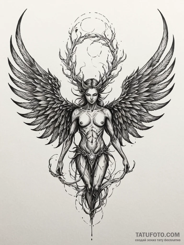 Nephilim with wings of shadow and fire, tatto… — эскиз тату (№1751842819_0, 06.07.2025 23:00) — Tatufoto.com