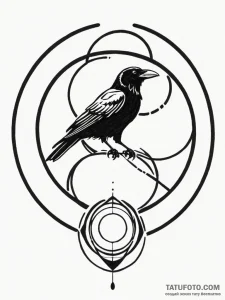 Atomic raven perched on glowing orb, ink illu... - эскиз тату (№1751842988_0, 06.07.2025 23:03) — Tatufoto.com