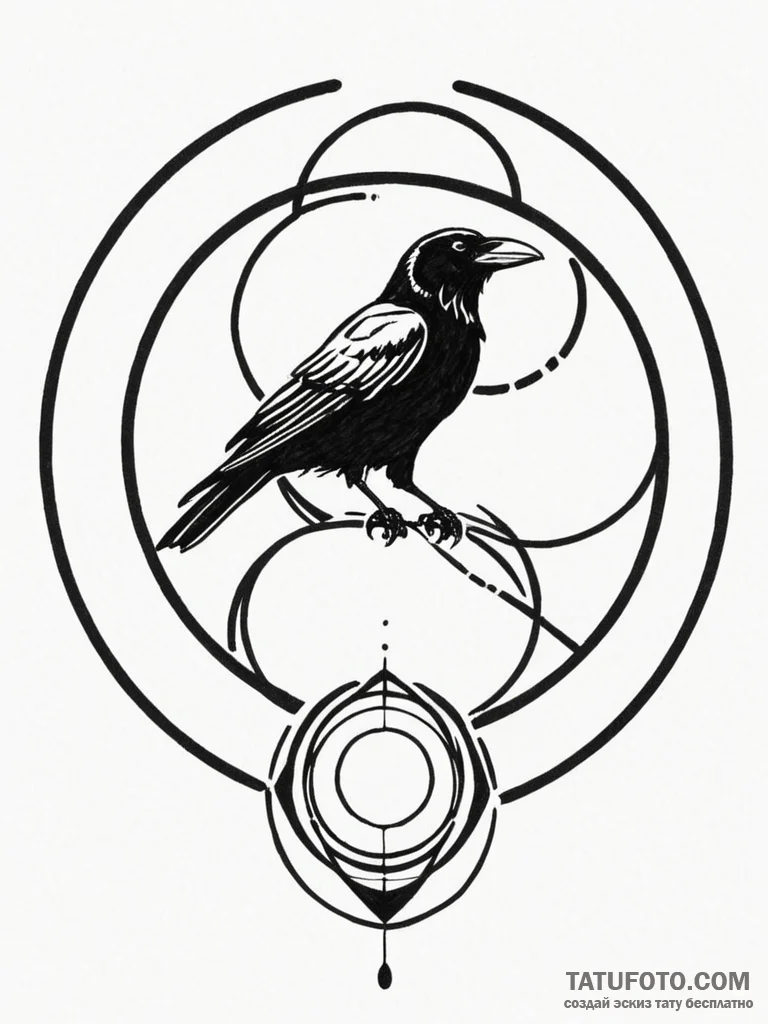 Atomic raven perched on glowing orb, ink illu... - эскиз тату (№1751842988_0, 06.07.2025 23:03) — Tatufoto.com