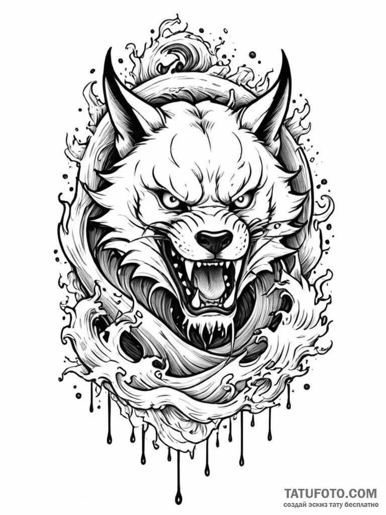 Abyssal wolf with dripping fangs, tattoo line... - эскиз тату (№1751843073_0, 06.07.2025 23:04) — Tatufoto.com