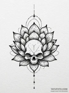 Lotus flower opening to reveal a skull, tatto... - эскиз тату (№1751843327_0, 06.07.2025 23:08) — Tatufoto.com