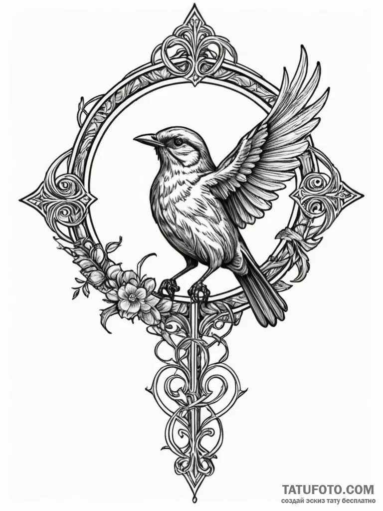 A whimsical bird perched on a hand, trusting,... - эскиз тату (№1751843580_0, 06.07.2025 23:13) — Tatufoto.com