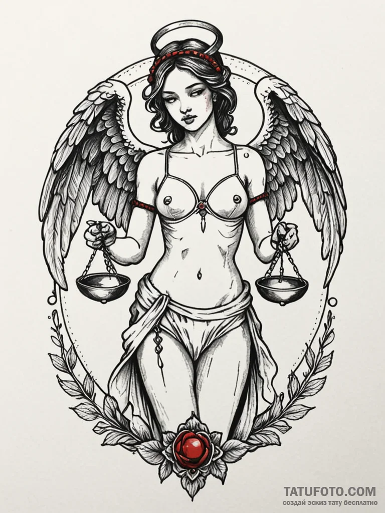 Blindfolded angel holding scales, tattoo flas… — эскиз тату (№1751843750_0, 06.07.2025 23:15) — Tatufoto.com
