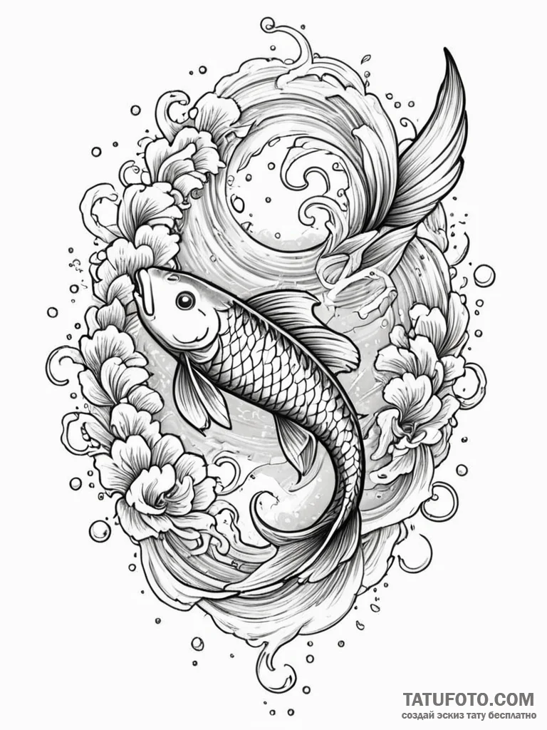 Koi fish leaping through storm clouds, tattoo... - эскиз тату (№1751844172_0, 06.07.2025 23:22) — Tatufoto.com