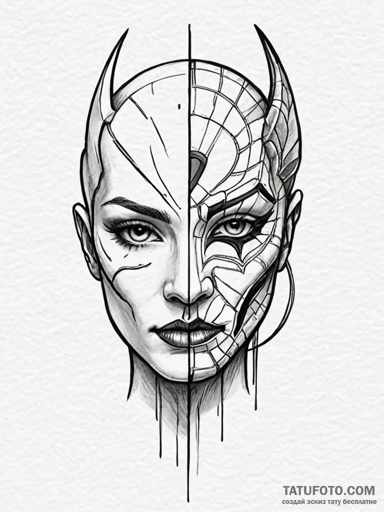 Animated mask split in two, artistic tattoo s… — эскиз тату (№1751844507_0, 06.07.2025 23:28) — Tatufoto.com