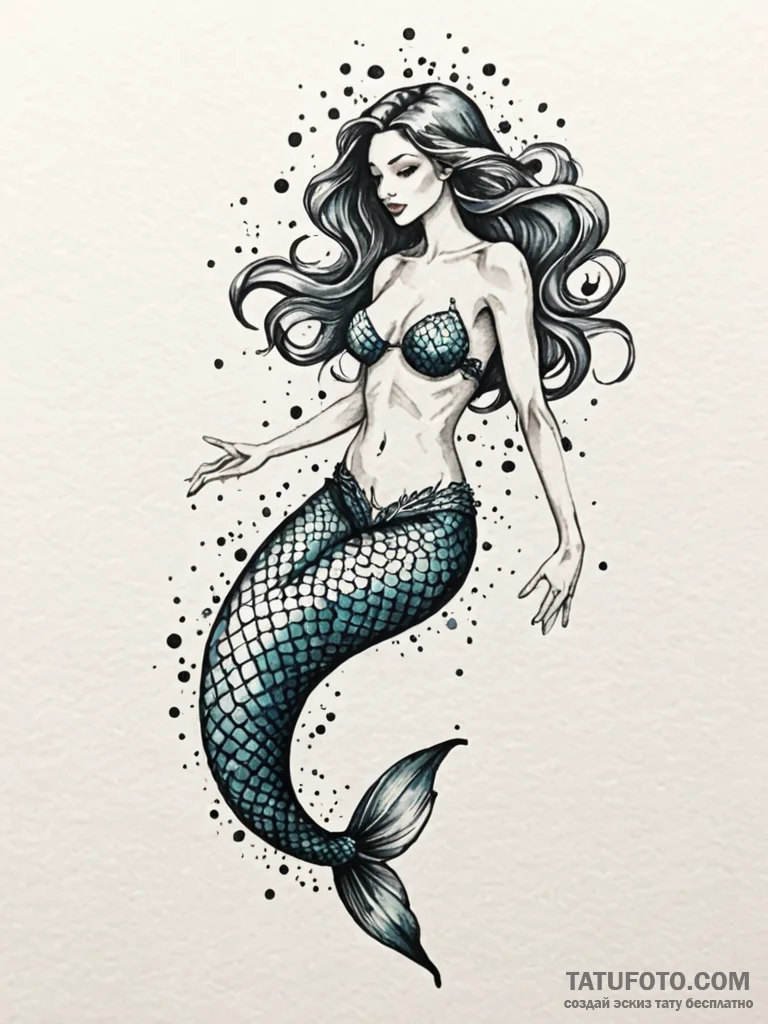 Mermaid with a tail of shimmering, dark scale… — эскиз тату (№1751844591_0, 06.07.2025 23:29) — Tatufoto.com